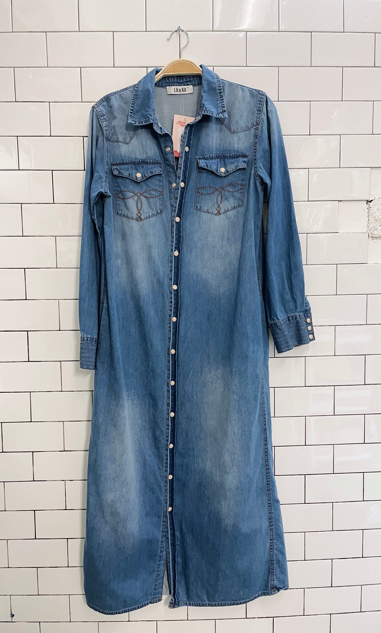 vintage lu & ka denim snap button maxi shirt dress