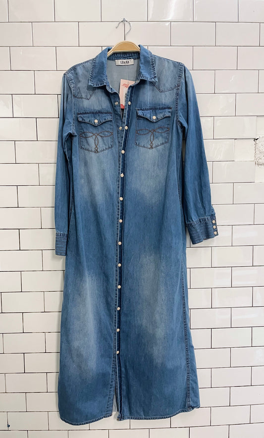 vintage lu & ka denim snap button maxi shirt dress