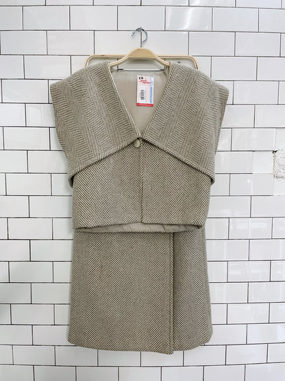 2-piece wool herrinbone cape and midi wrap skirt set