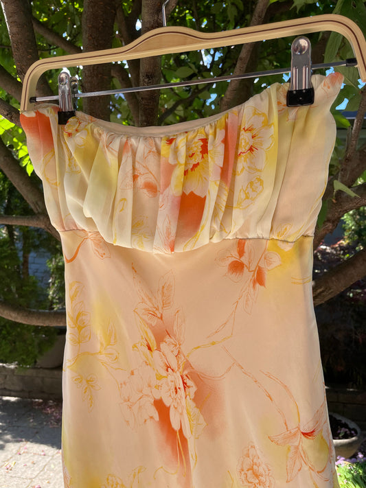 vintage pleated bust strapless chiffon maxi dress