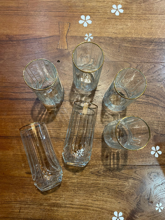 x6 vintage "art deco" gold rim stemless champagne flutes