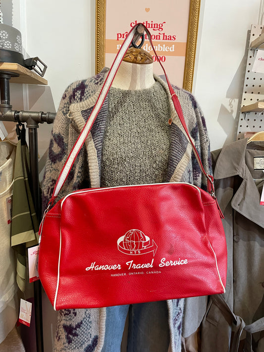 vintage red faux leather carry-on travel bag