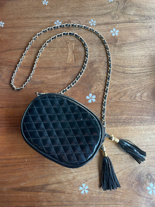 chanel-style quilted patent chain crossbody