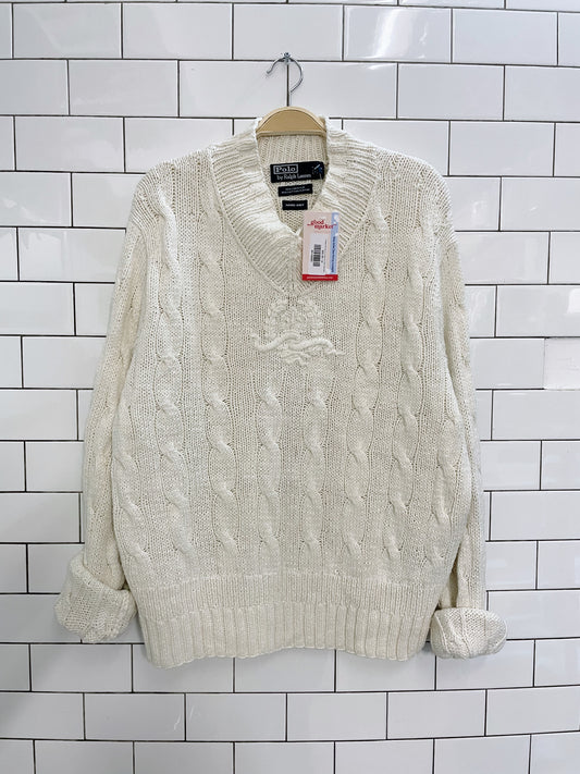 vintage 90s polo RL cable knit crest linen-blend sweater