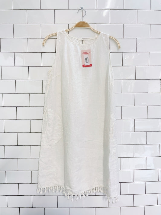 100% linen white tassel hem tank dress