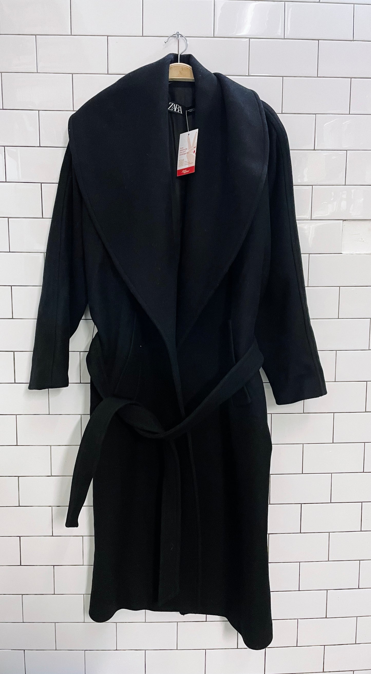 zara manteco oversized black long belted coat