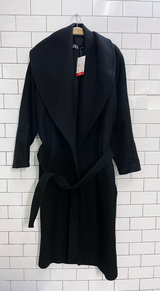 zara manteco oversized black long belted coat