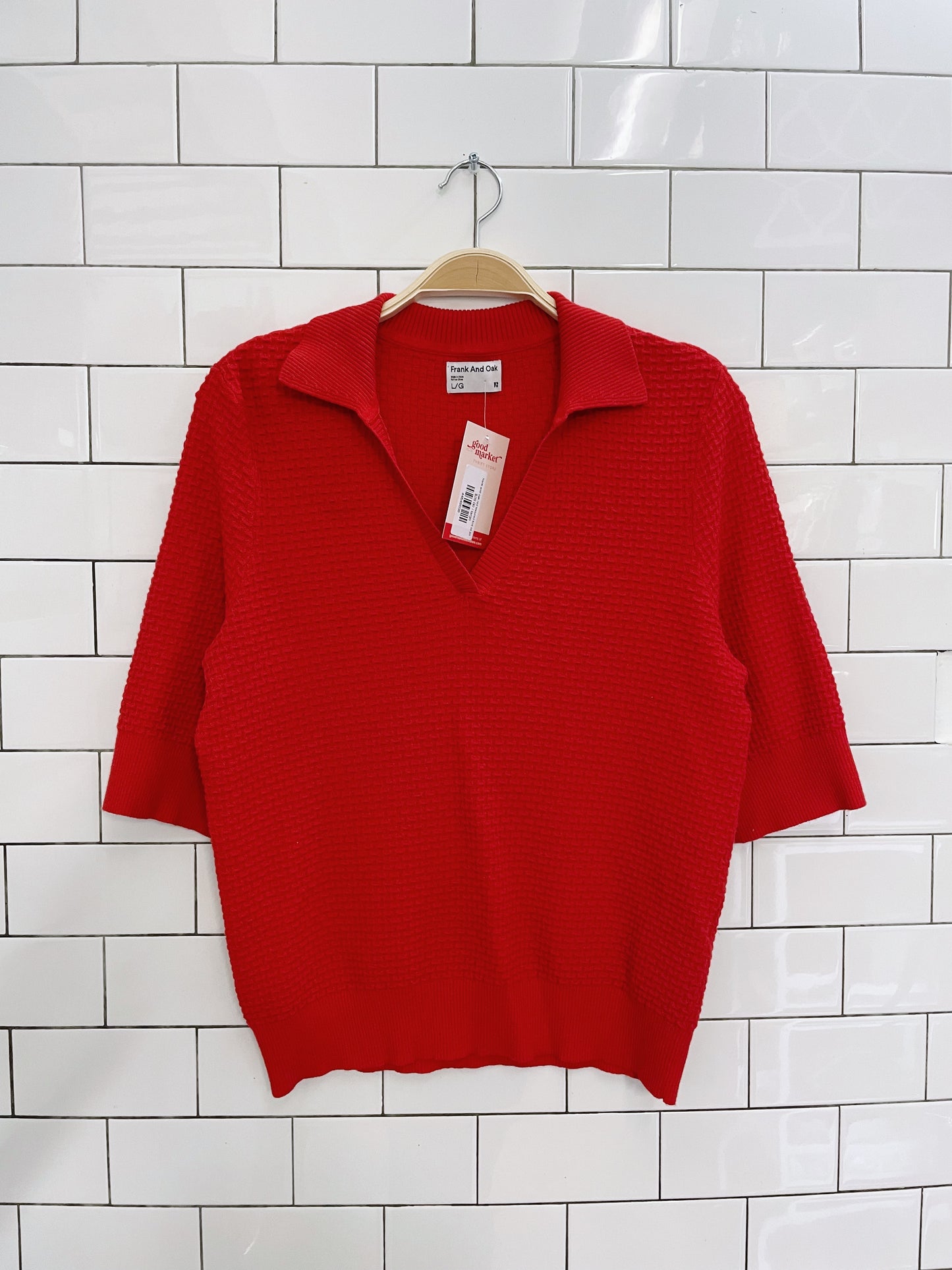 frank and oak red textured knit ss polo