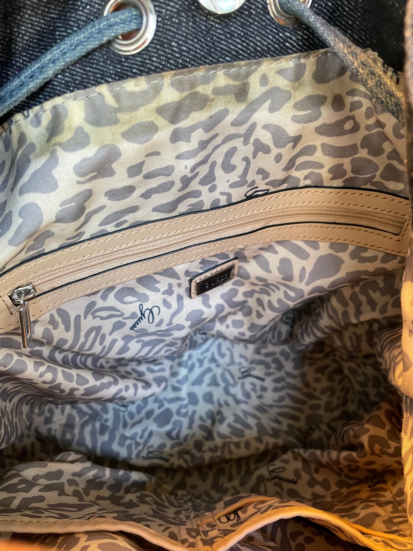 guess denim patchwork bucket bag