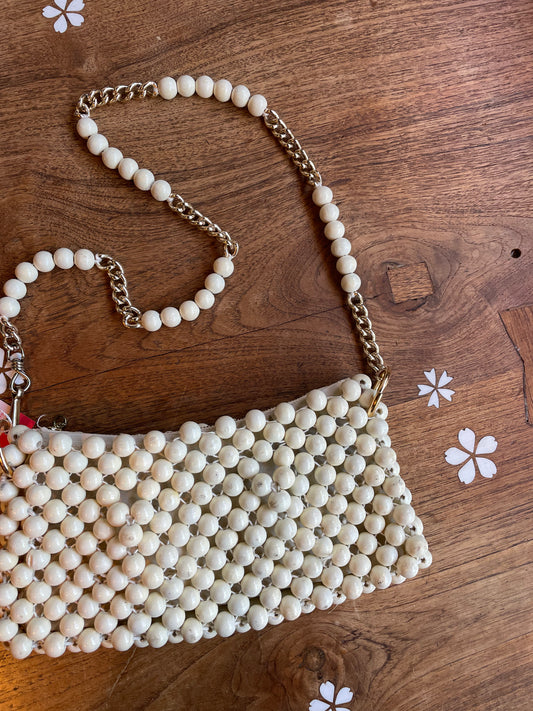 vintage 60 white wood beaded bag made in japan