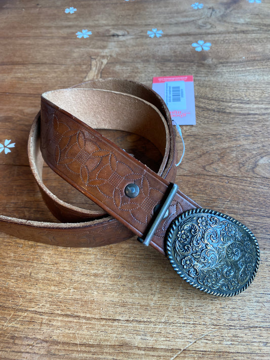 vintage tooled leather belt with brass buckle