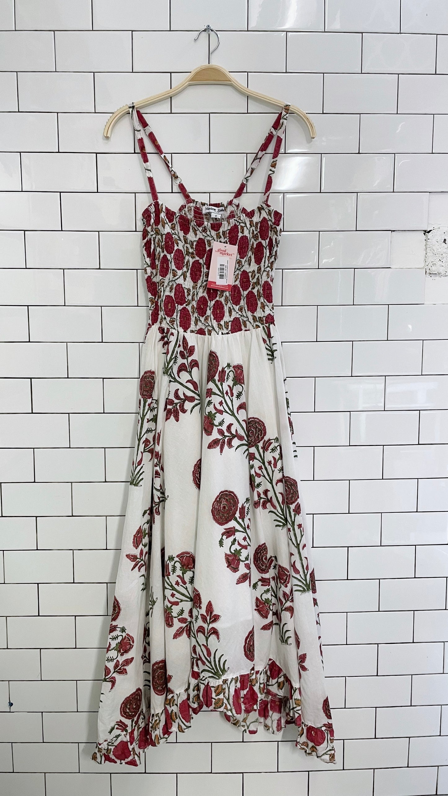 maxime zeaberg floral smocked midi dress