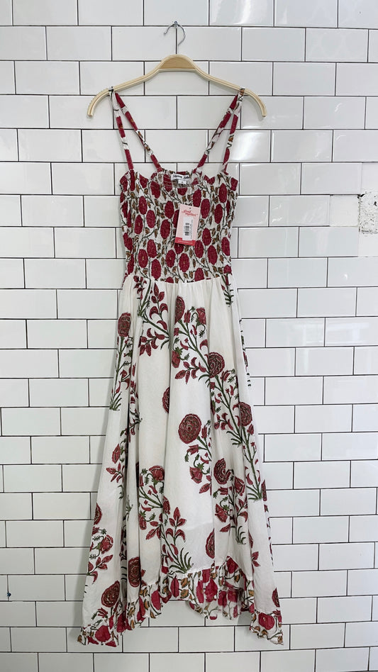 maxime zeaberg floral smocked midi dress