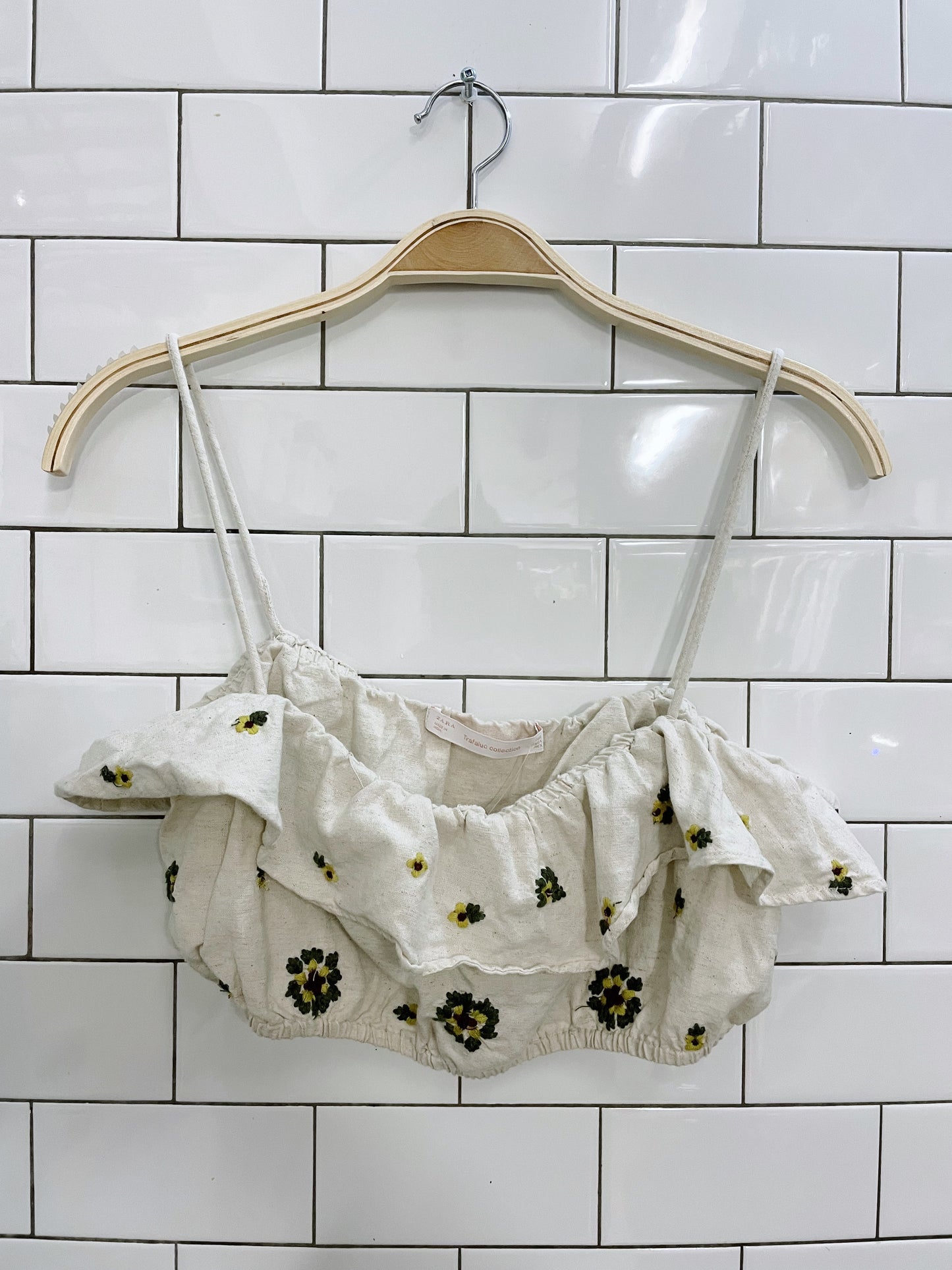 zara linen blend floral ruffle bandeau tank