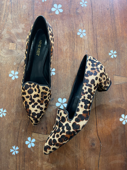 nine west pony hair leopard heeled loafer