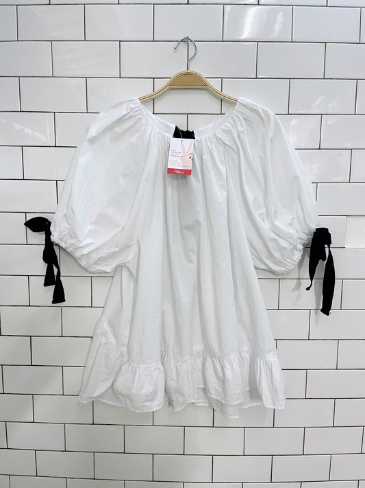 white puff sleeve peplum hem tie blouse