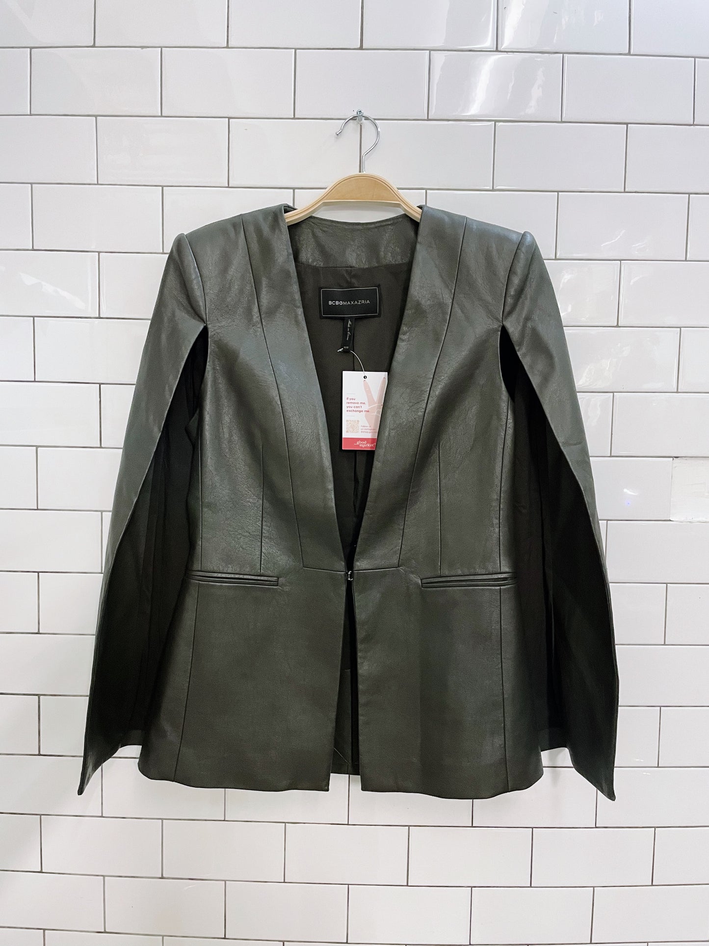 bcbgmaxazria faux leather upas cape blazer