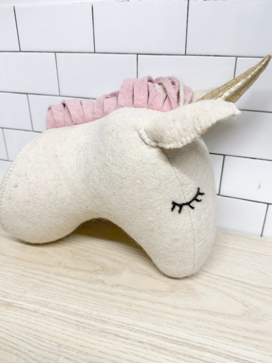 indaba handmade wool - blend unicorn head wall mount - good market thrift store