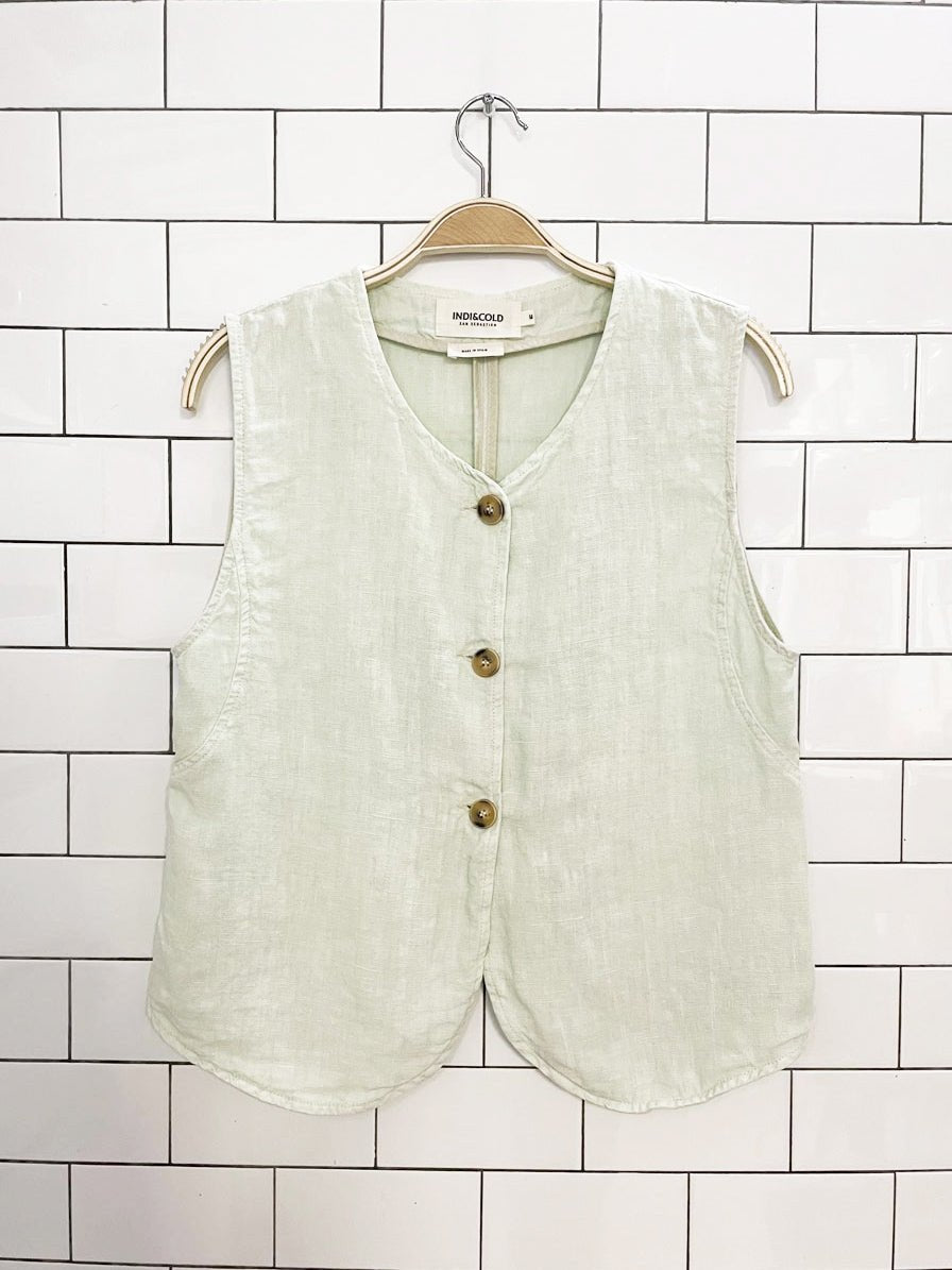 indi & cold 100% linen full button vest top | made in spain - good market thrift store