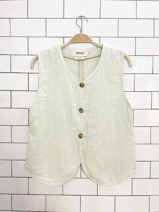 indi & cold 100% linen full button vest top | made in spain - good market thrift store