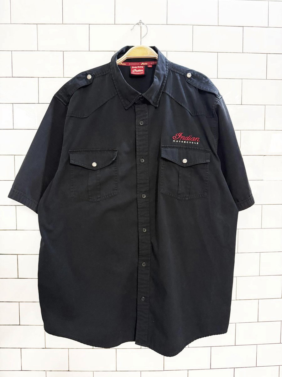 indian motorcycle embroidered full button shirt - good market thrift store