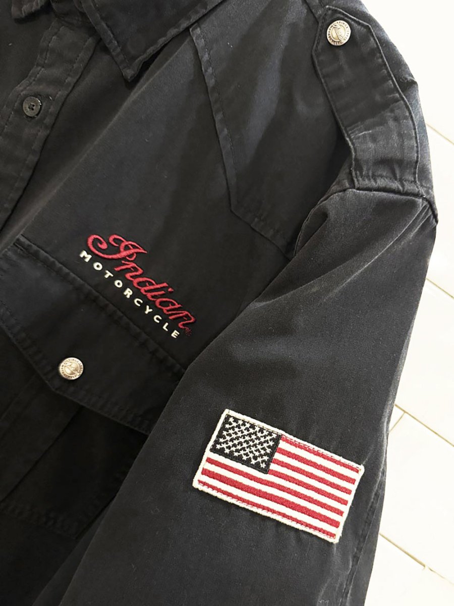 indian motorcycle embroidered full button shirt - good market thrift store