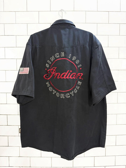 indian motorcycle embroidered full button shirt - good market thrift store
