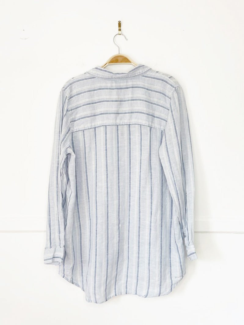isaac mizrahi 100% linen full button blue stripe shirt - good market thrift store
