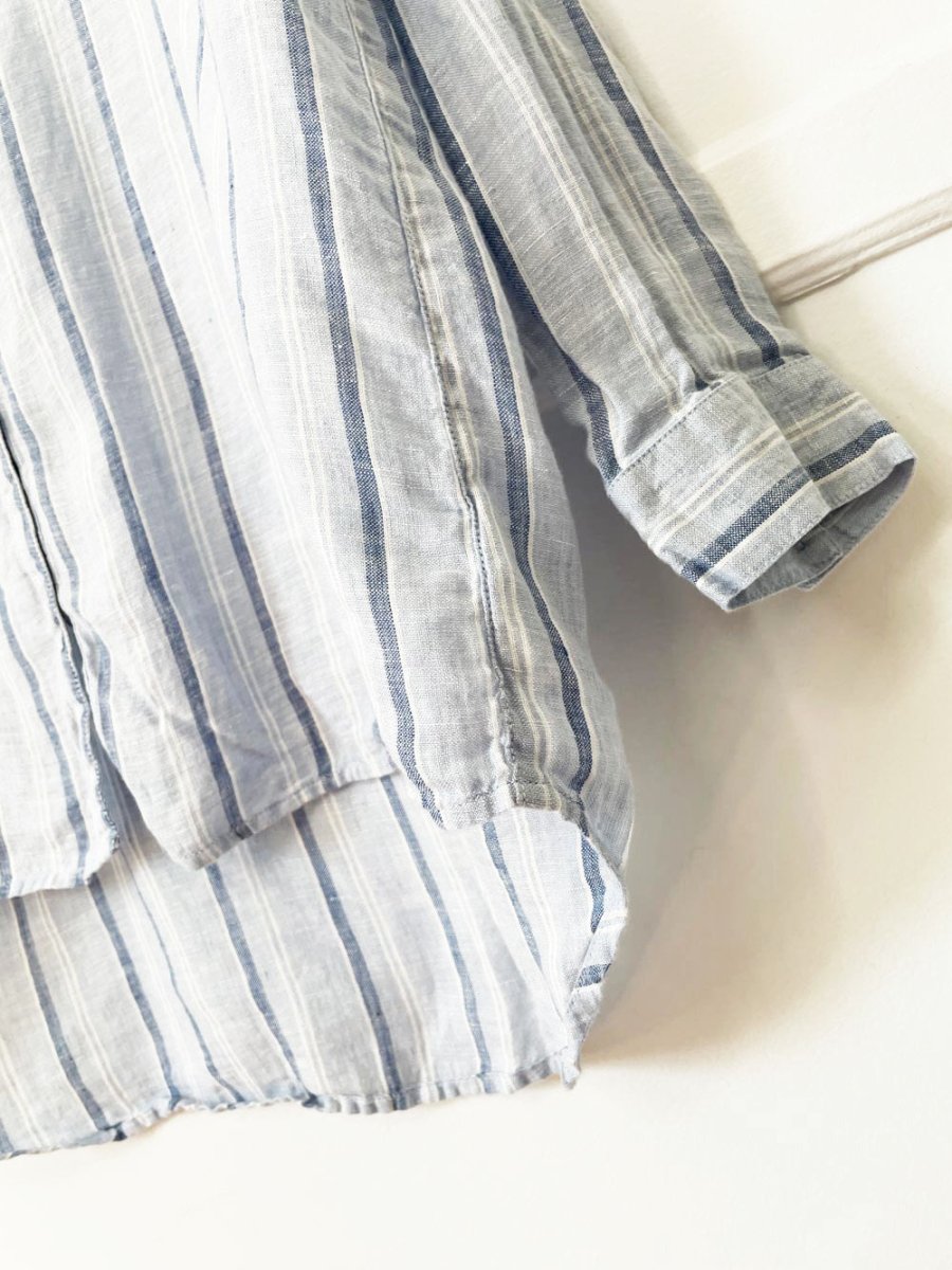 isaac mizrahi 100% linen full button blue stripe shirt - good market thrift store
