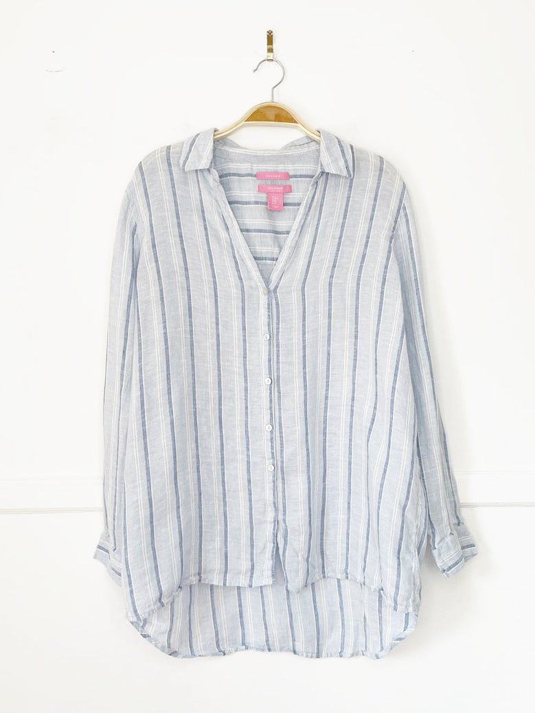 isaac mizrahi 100% linen full button blue stripe shirt - good market thrift store
