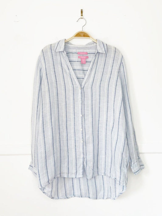 isaac mizrahi 100% linen full button blue stripe shirt - good market thrift store