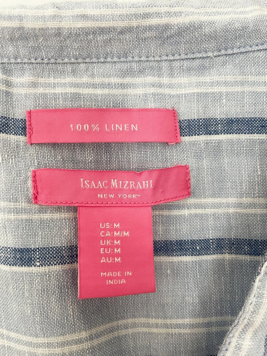 isaac mizrahi 100% linen full button blue stripe shirt - good market thrift store