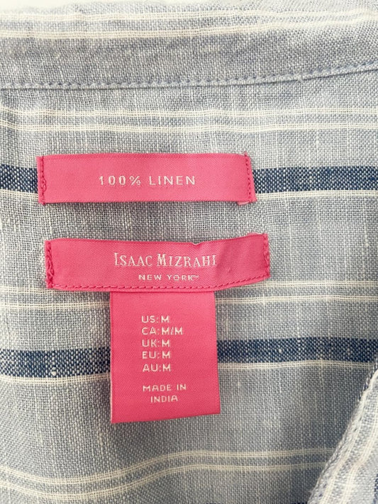 isaac mizrahi 100% linen full button blue stripe shirt - good market thrift store