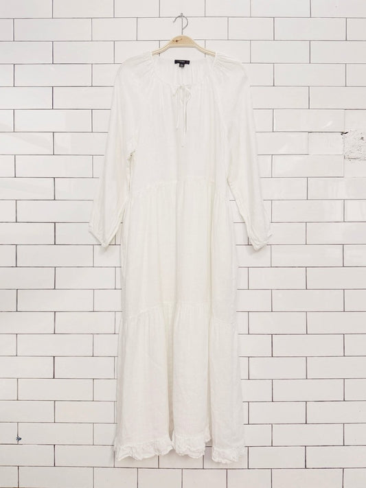 j crew 100% linen ruffle hem long sleeve tiered midi dress | made in India - good market thrift store