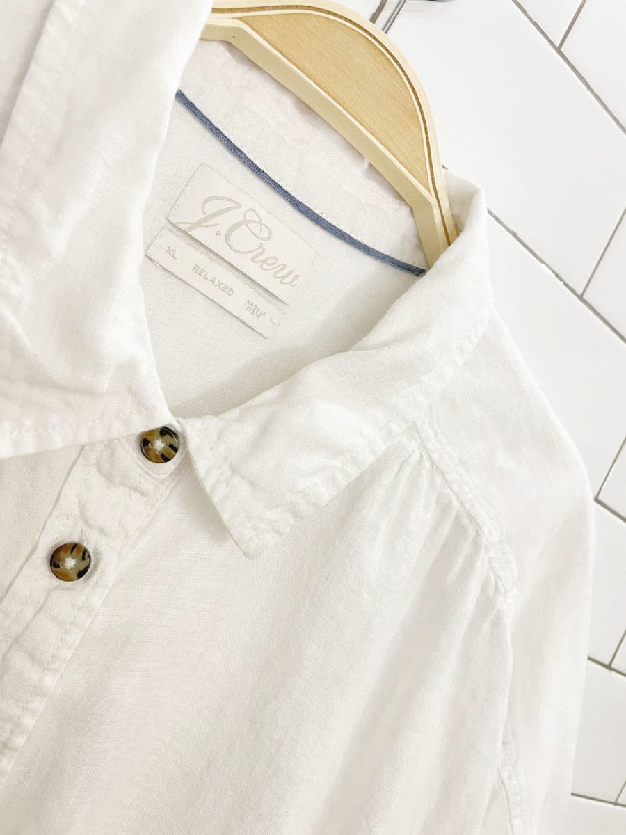 j crew x baird mcnutt 100% irish linen pleated boxy full button shirt | made in india - good market thrift store