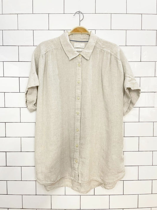 j crew x baird mcnutt 100% irish linen pleated boxy full button shirt | made in india - good market thrift store