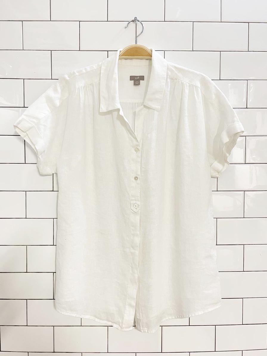 j jill 100% linen peated shoulder full button short sleeve shirt - good market thrift store