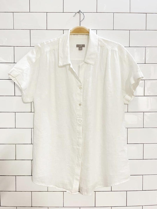 j jill 100% linen peated shoulder full button short sleeve shirt - good market thrift store