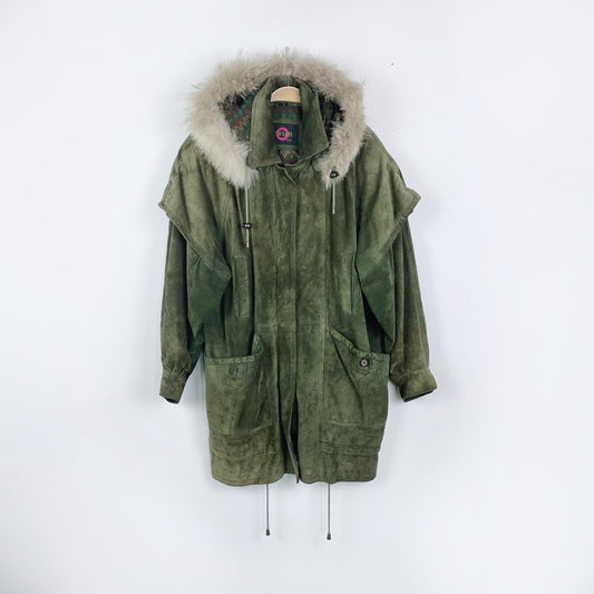 vintage caviar suede parka with fur trim hood - size medium