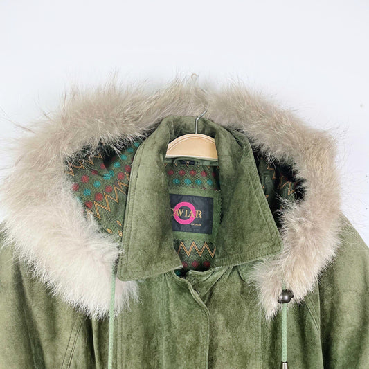 vintage caviar suede parka with fur trim hood - size medium