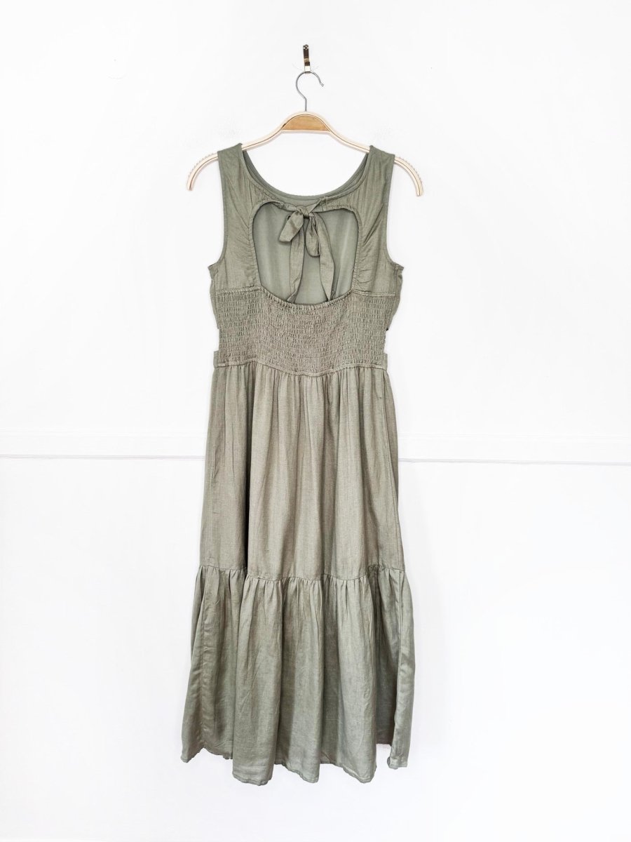 japna linen-blend open back cut out tiered maxi dress - good market thrift store