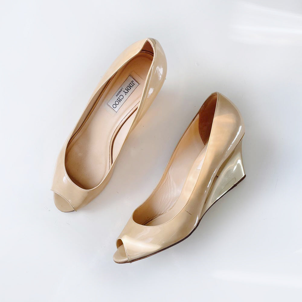 jimmy choo baxen metallic wedge peep toe patent shoes