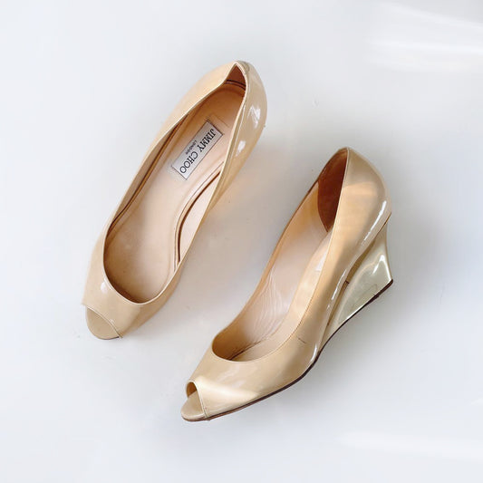 jimmy choo baxen metallic wedge peep toe patent shoes