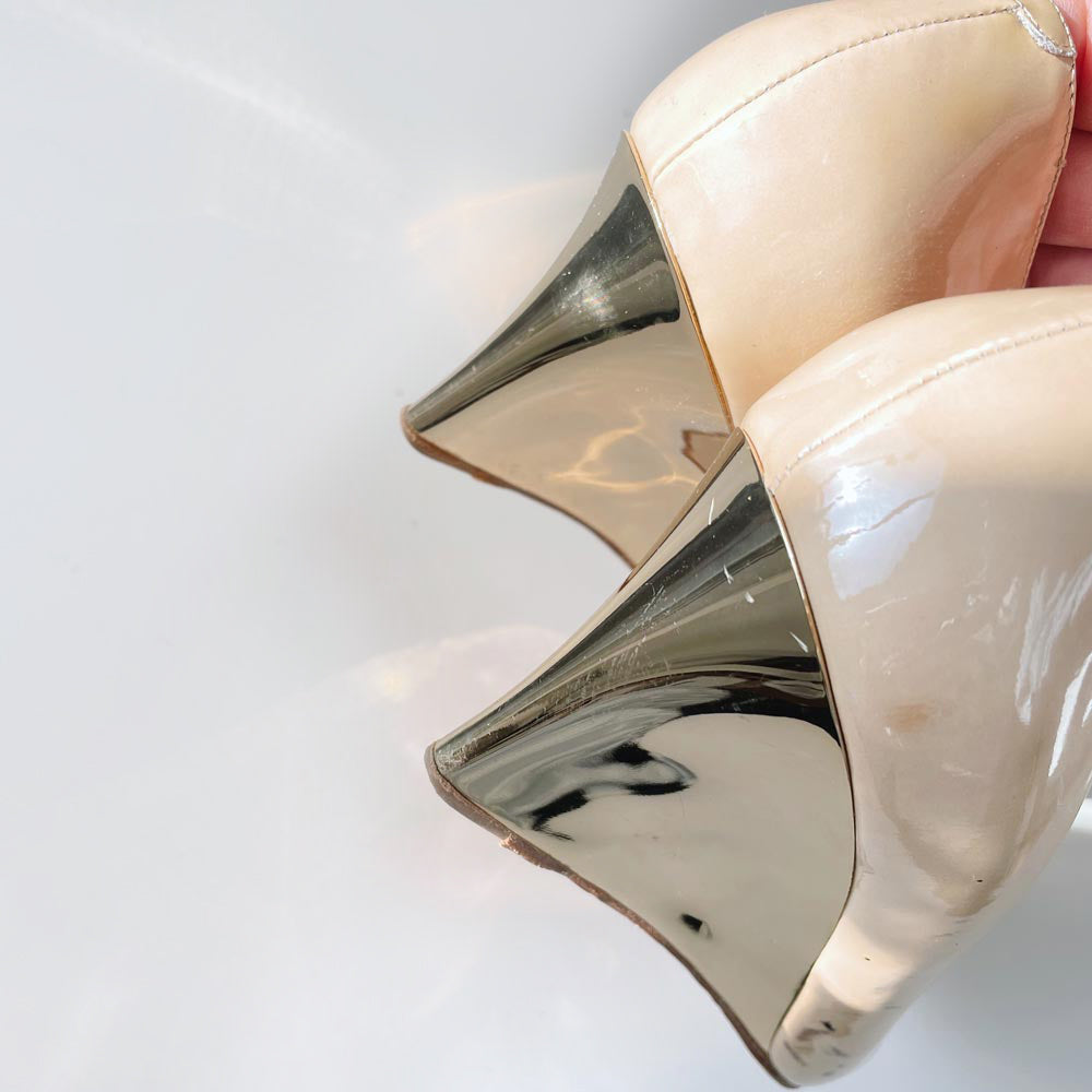 jimmy choo baxen metallic wedge peep toe patent shoes
