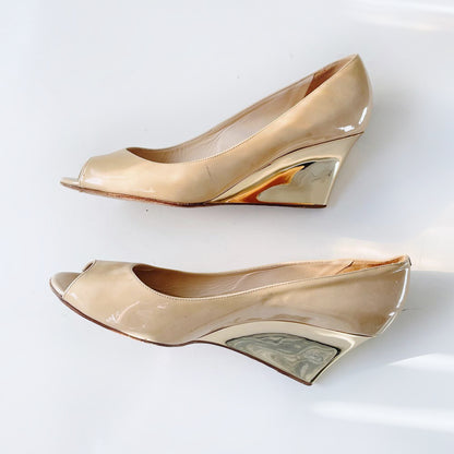 jimmy choo baxen metallic wedge peep toe patent shoes