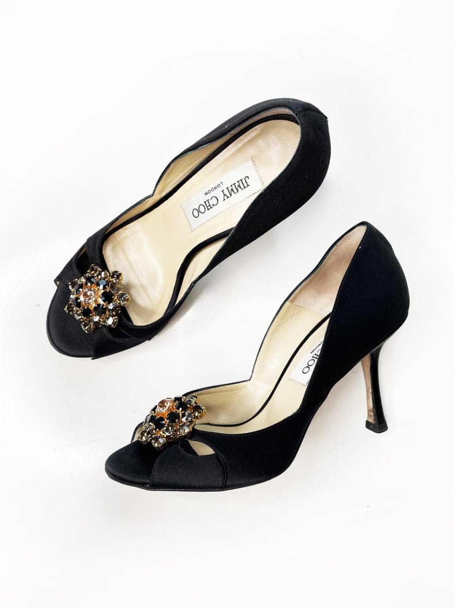jimmy choo piazza satin brooch peep toe pump - good market thrift store