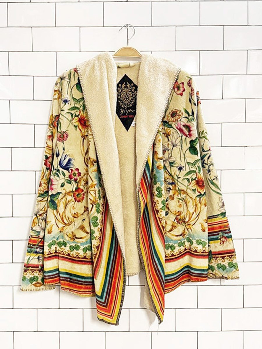 johnny was felix floral plush hooded open cardigan jacket | biya - good market thrift store