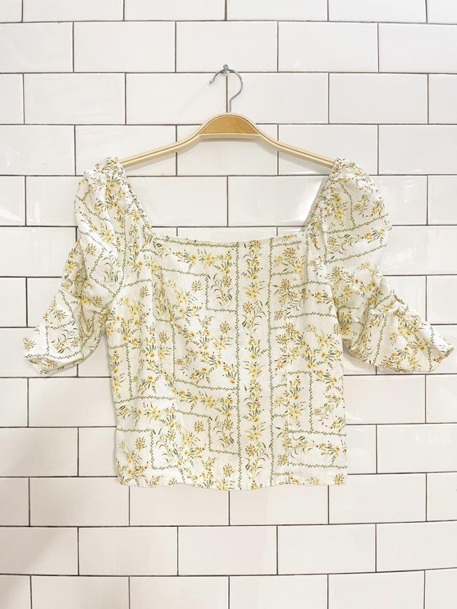 joie 100% linen floral ruched sleeve prairie blouse - good market thrift store