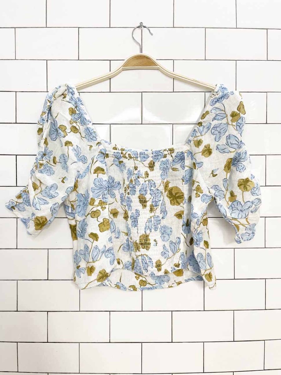 joie 100% linen floral ruched sleeve prairie blouse - good market thrift store