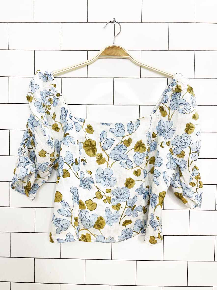 joie 100% linen floral ruched sleeve prairie blouse - good market thrift store
